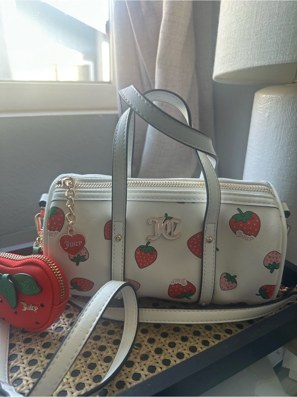 Juicy Couture White Strawberry Print Barrel Bag